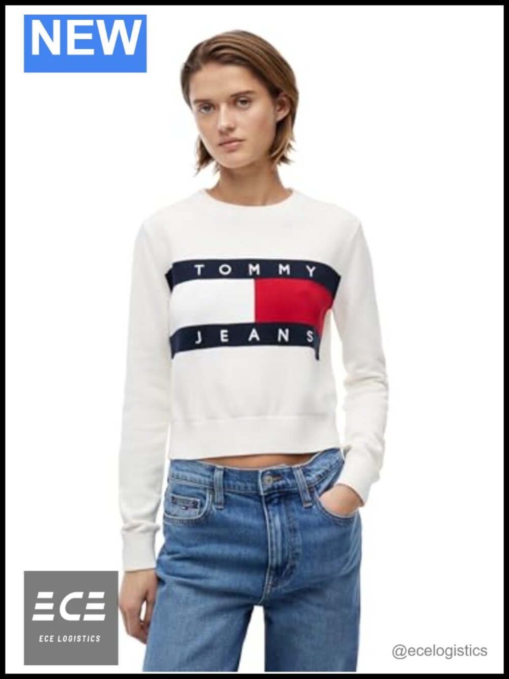 Women's Long Sleeve Crewneck Pullover Sweater with Flag Logo, Medium Weight
